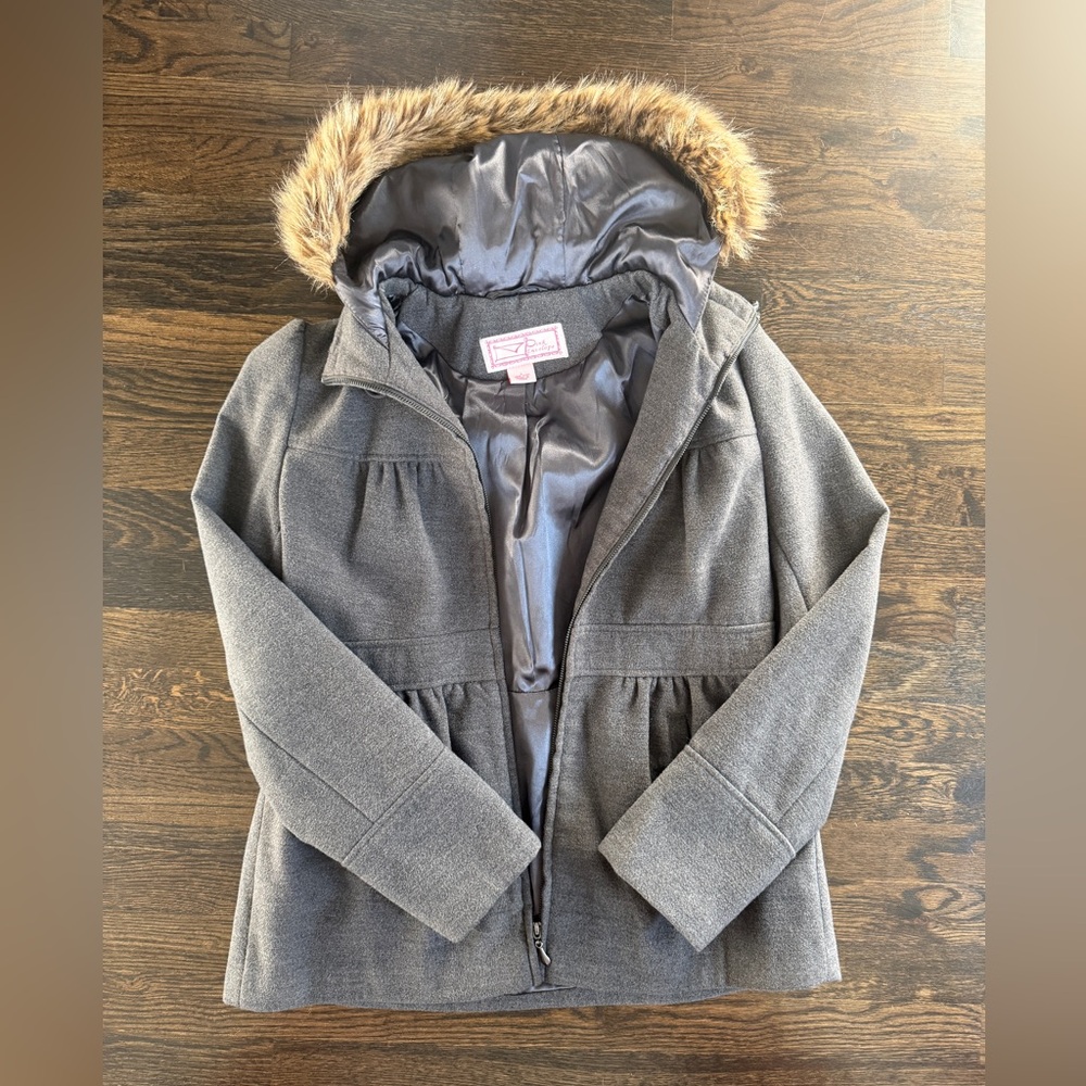 Pink Envelope Gray Junior ( in between kid and adult) Coat with Faux Fur Trim